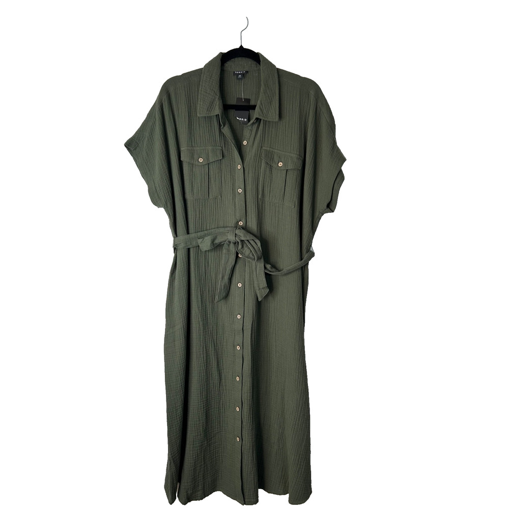 Torrid Midi Doubleā Pucker Gauze Shirt Dress Size 00 M Olive Green Short Sleeve